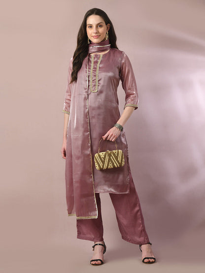 Women's  Brown Solid Straight Party Kurta Sets With Dupatta
