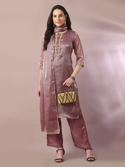 Women's  Brown Solid Straight Party Kurta Sets With Dupatta