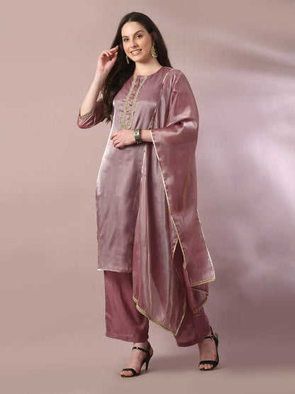 Women's  Brown Solid Straight Party Kurta Sets With Dupatta