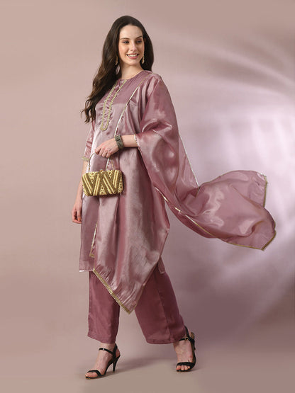 Women's  Brown Solid Straight Party Kurta Sets With Dupatta