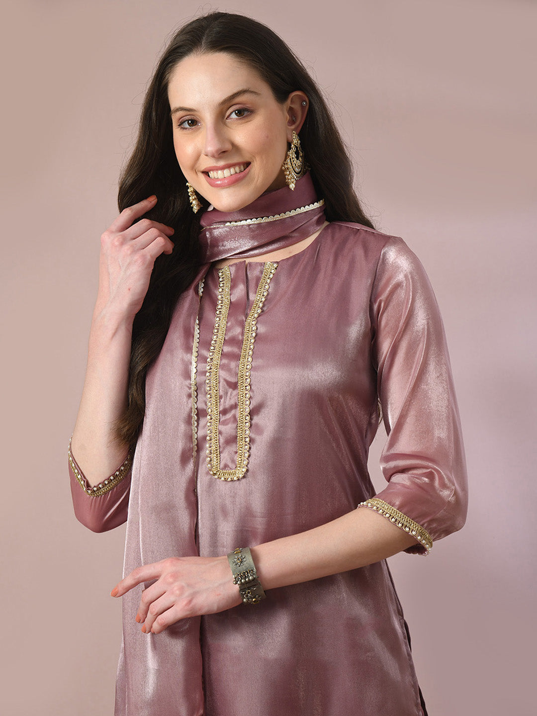 Women's  Brown Solid Straight Party Kurta Sets With Dupatta