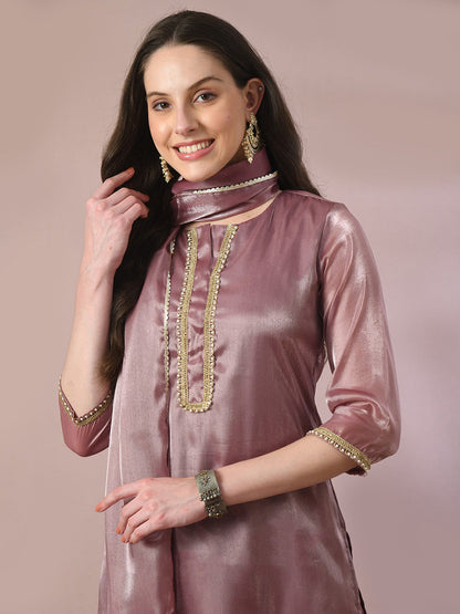Women's  Brown Solid Straight Party Kurta Sets With Dupatta