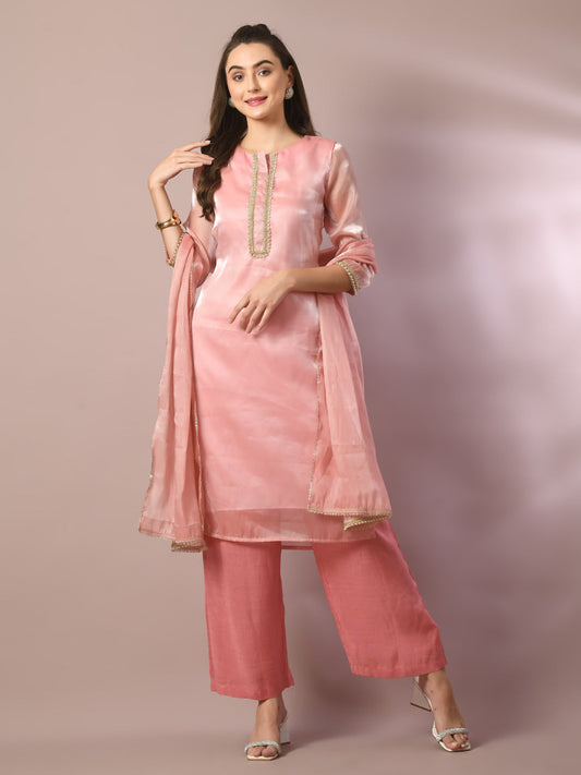 Women's  Pink Solid Straight Party Kurta Sets With Dupatta