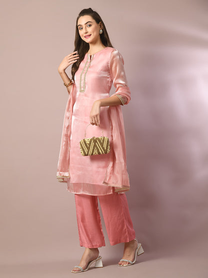 Women's  Pink Solid Straight Party Kurta Sets With Dupatta
