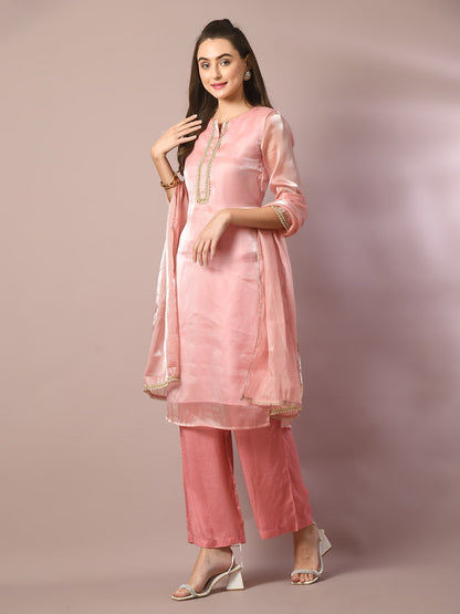 Women's  Pink Solid Straight Party Kurta Sets With Dupatta