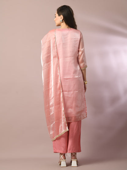 Women's  Pink Solid Straight Party Kurta Sets With Dupatta