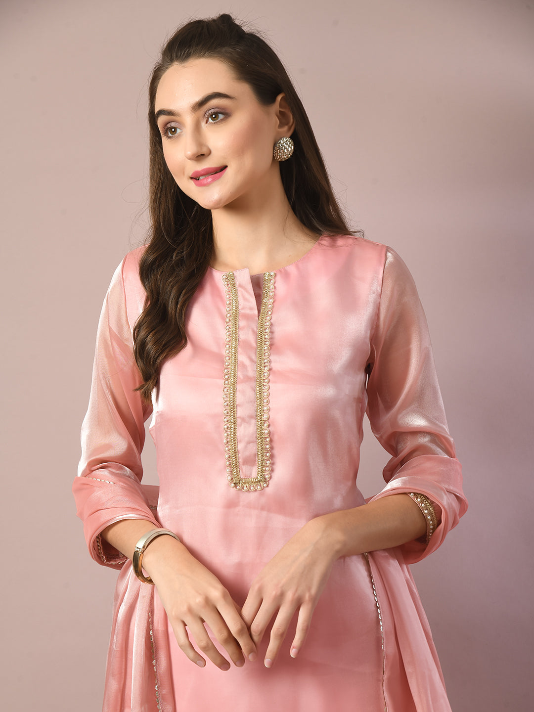 Women's  Pink Solid Straight Party Kurta Sets With Dupatta