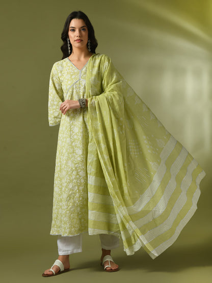 Women's  Lime Green Printed Cotton Anarkali Party Kurta Sets With Dupatta