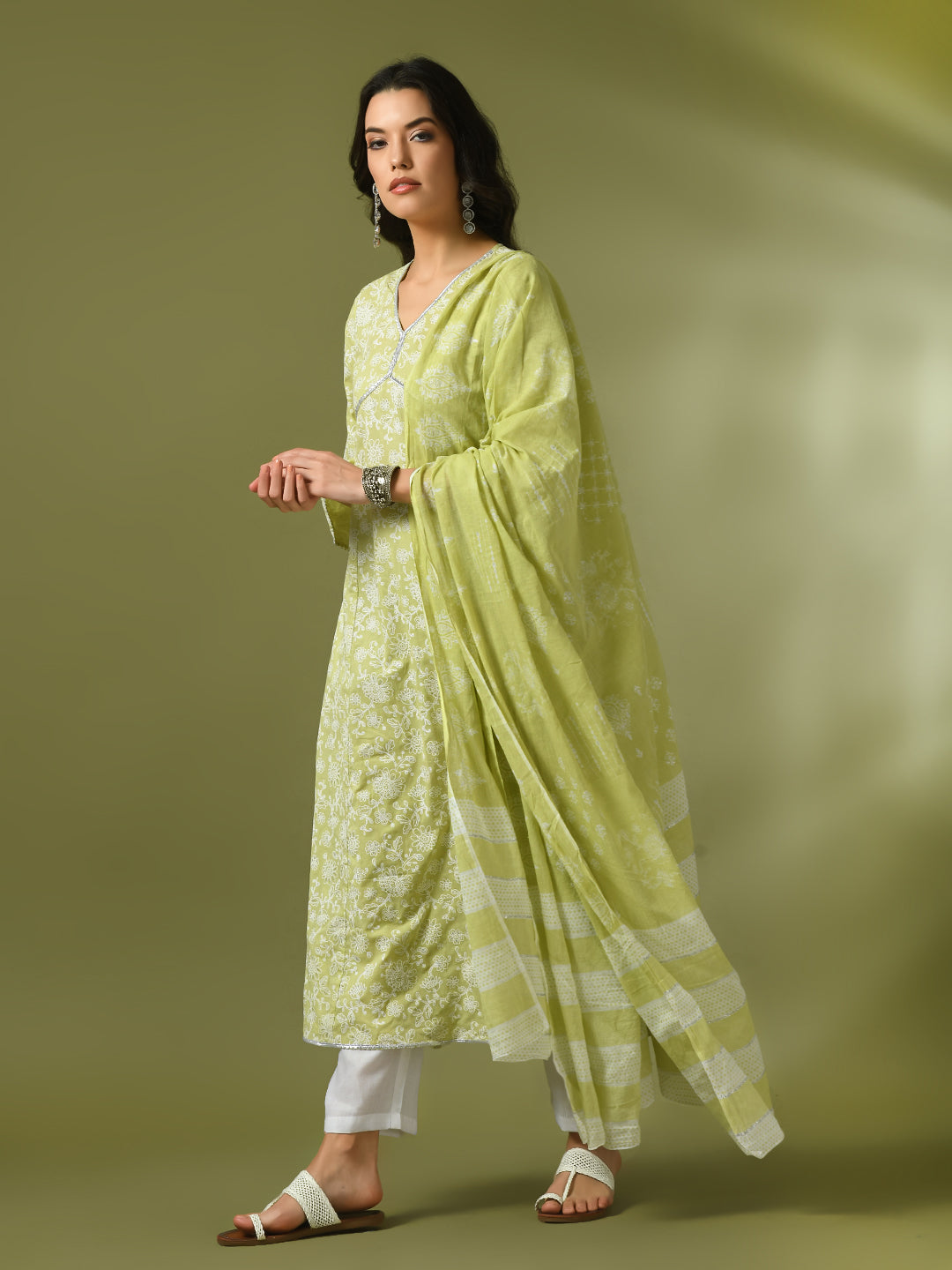 Women's  Lime Green Printed Cotton Anarkali Party Kurta Sets With Dupatta