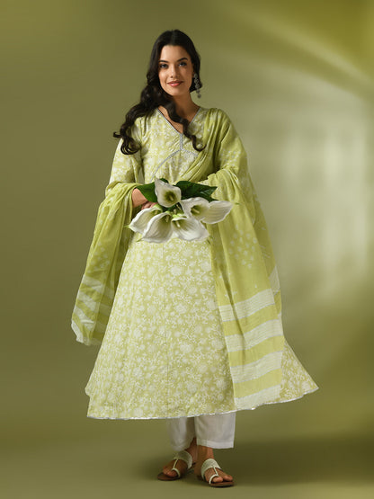 Women's  Lime Green Printed Cotton Anarkali Party Kurta Sets With Dupatta