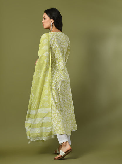 Women's  Lime Green Printed Cotton Anarkali Party Kurta Sets With Dupatta