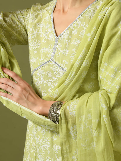 Women's  Lime Green Printed Cotton Anarkali Party Kurta Sets With Dupatta