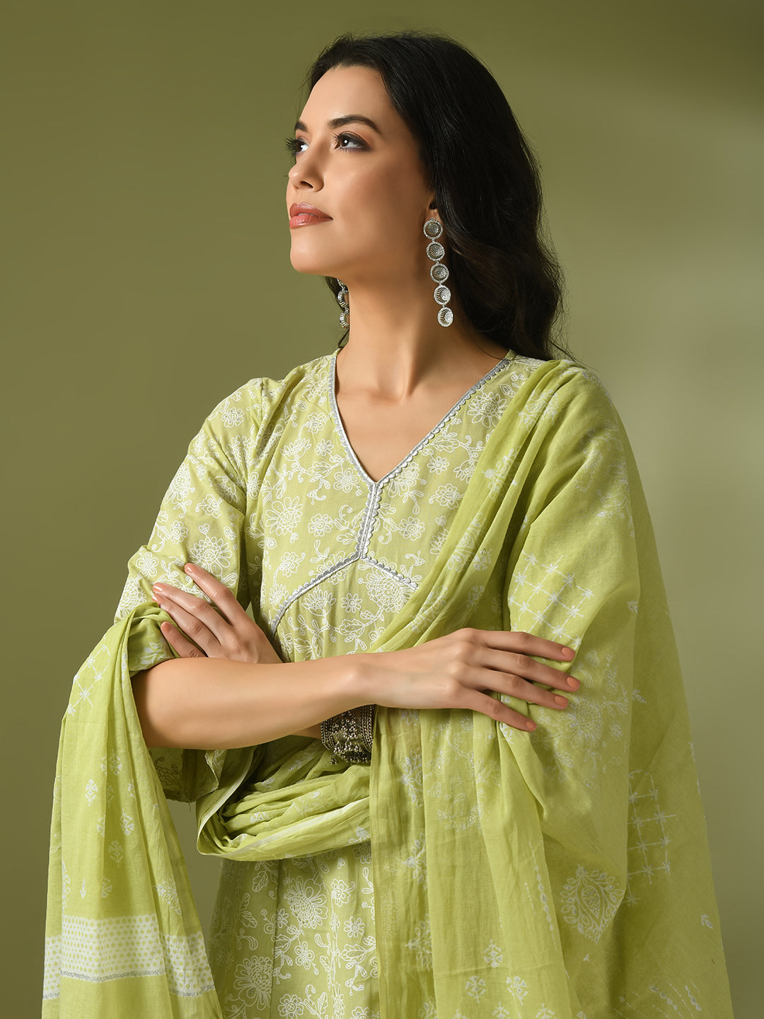 Women's  Lime Green Printed Cotton Anarkali Party Kurta Sets With Dupatta