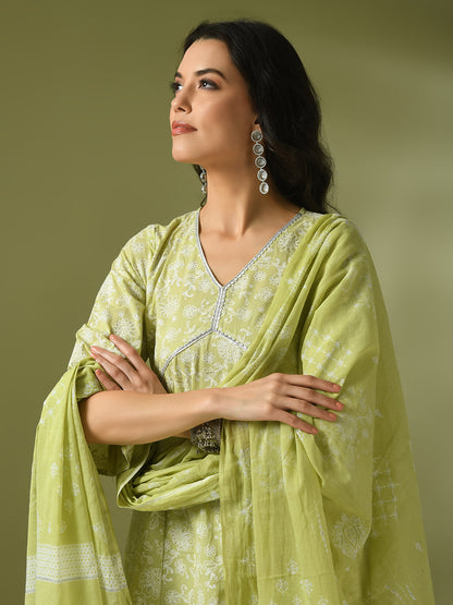 Women's  Lime Green Printed Cotton Anarkali Party Kurta Sets With Dupatta