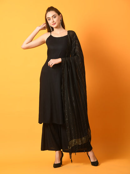 Women's  Black Solid Anarkali Party Kurta Sets With Dupatta