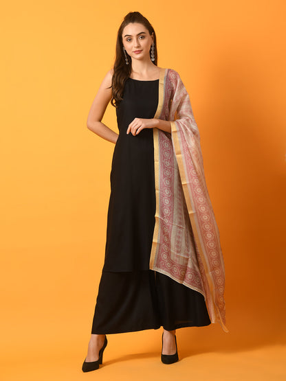 Women's  Black Solid Anarkali Party Kurta Sets With Printed Dupatta