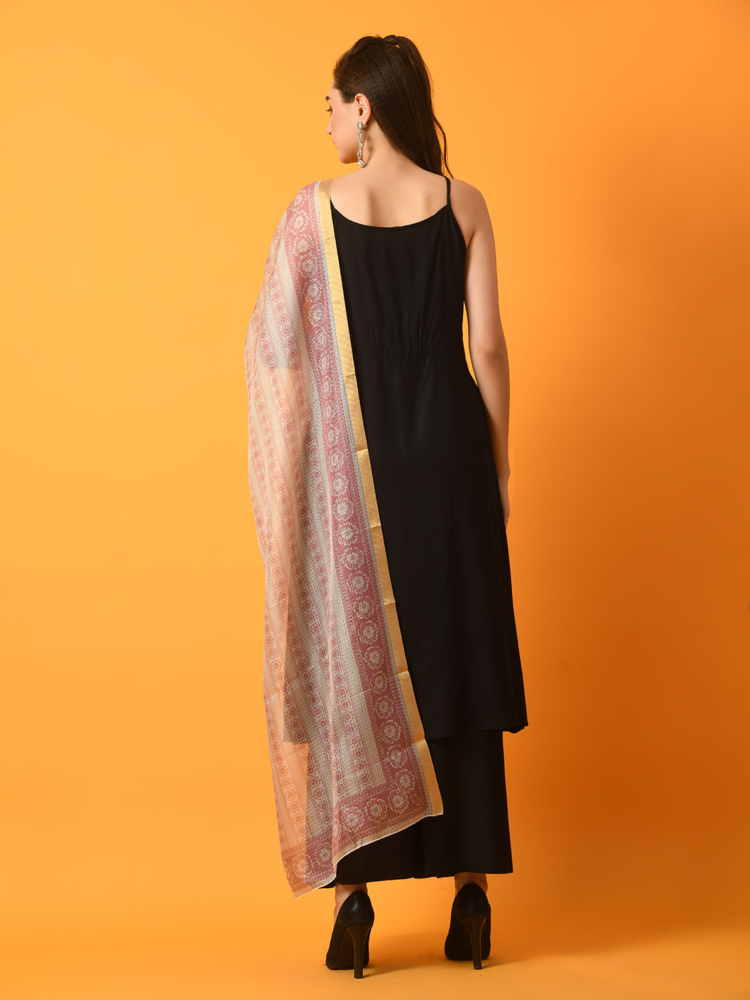 Women's  Black Solid Anarkali Party Kurta Sets With Printed Dupatta