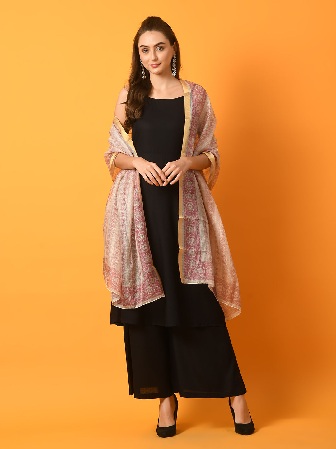 Women's  Black Solid Anarkali Party Kurta Sets With Printed Dupatta