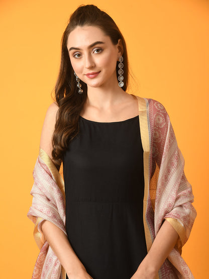 Women's  Black Solid Anarkali Party Kurta Sets With Printed Dupatta