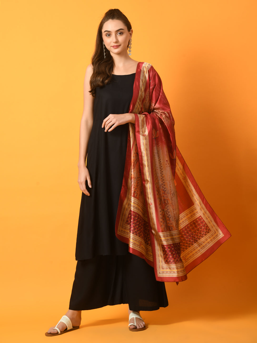 Women's  Black Solid Anarkali Party Kurta Sets With Printed Dupatta