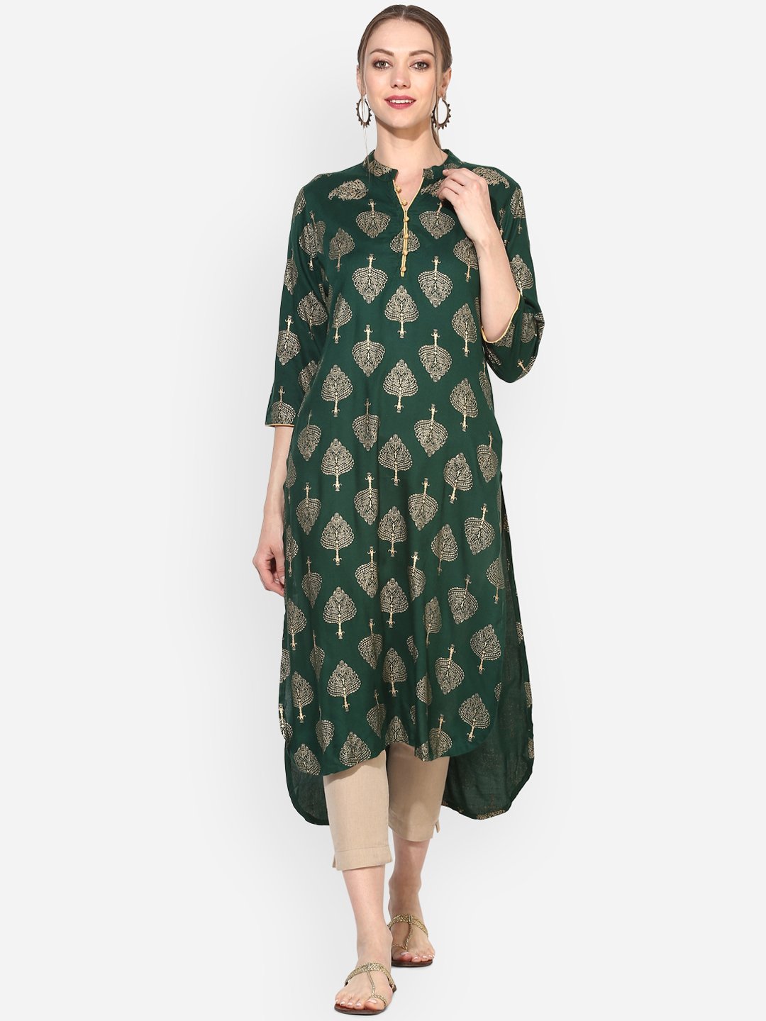 Women's Grey Cotton Viscose Blend Printed Bell Sleeves Round Neck Casual Kurta Only
