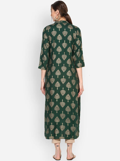 Women's Green Rayon Printed 3/4 Sleeve Round Neck Casual Kurta Only