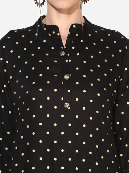 Women's Black Rayon Printed Half Sleeve Round Neck Casual Kurta Only