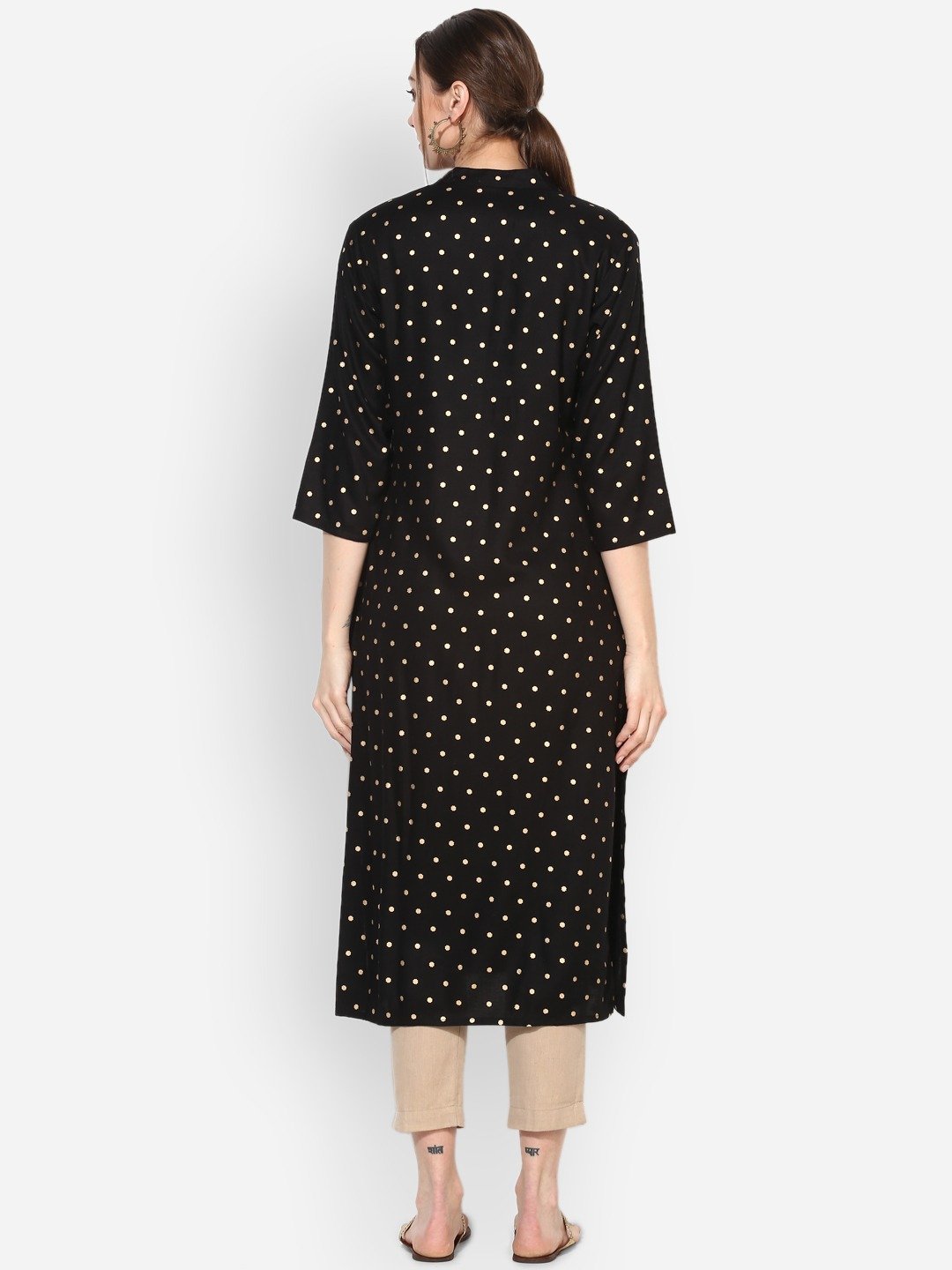Women's Black Rayon Printed Half Sleeve Round Neck Casual Kurta Only