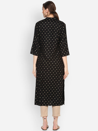 Women's Black Rayon Printed Half Sleeve Round Neck Casual Kurta Only