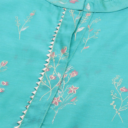 Women's Green Chanderi Printed 3/4 Sleeve Collar Casual Kurta Cami Only