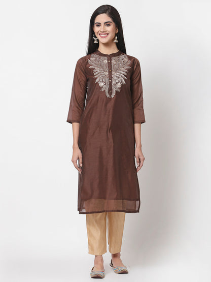 Women Brown Chanderi Kurta by Myshka (