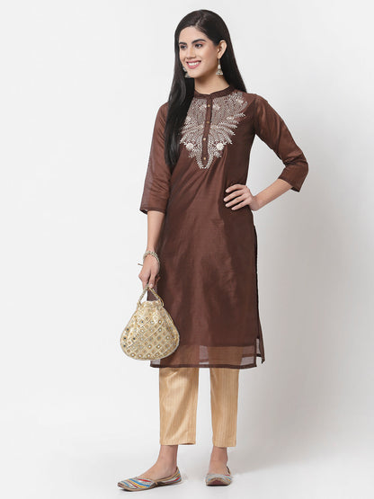 Women Brown Chanderi Kurta by Myshka (