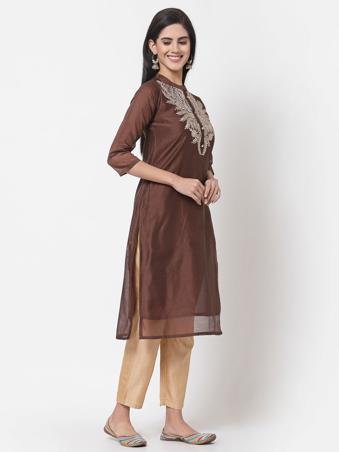 Women Brown Chanderi Kurta by Myshka (