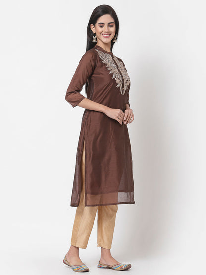 Women Brown Chanderi Kurta by Myshka (