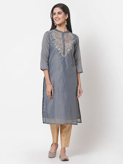 Women Grey Chanderi Kurta by Myshka (