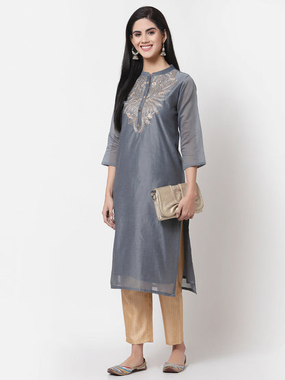 Women Grey Chanderi Kurta by Myshka (