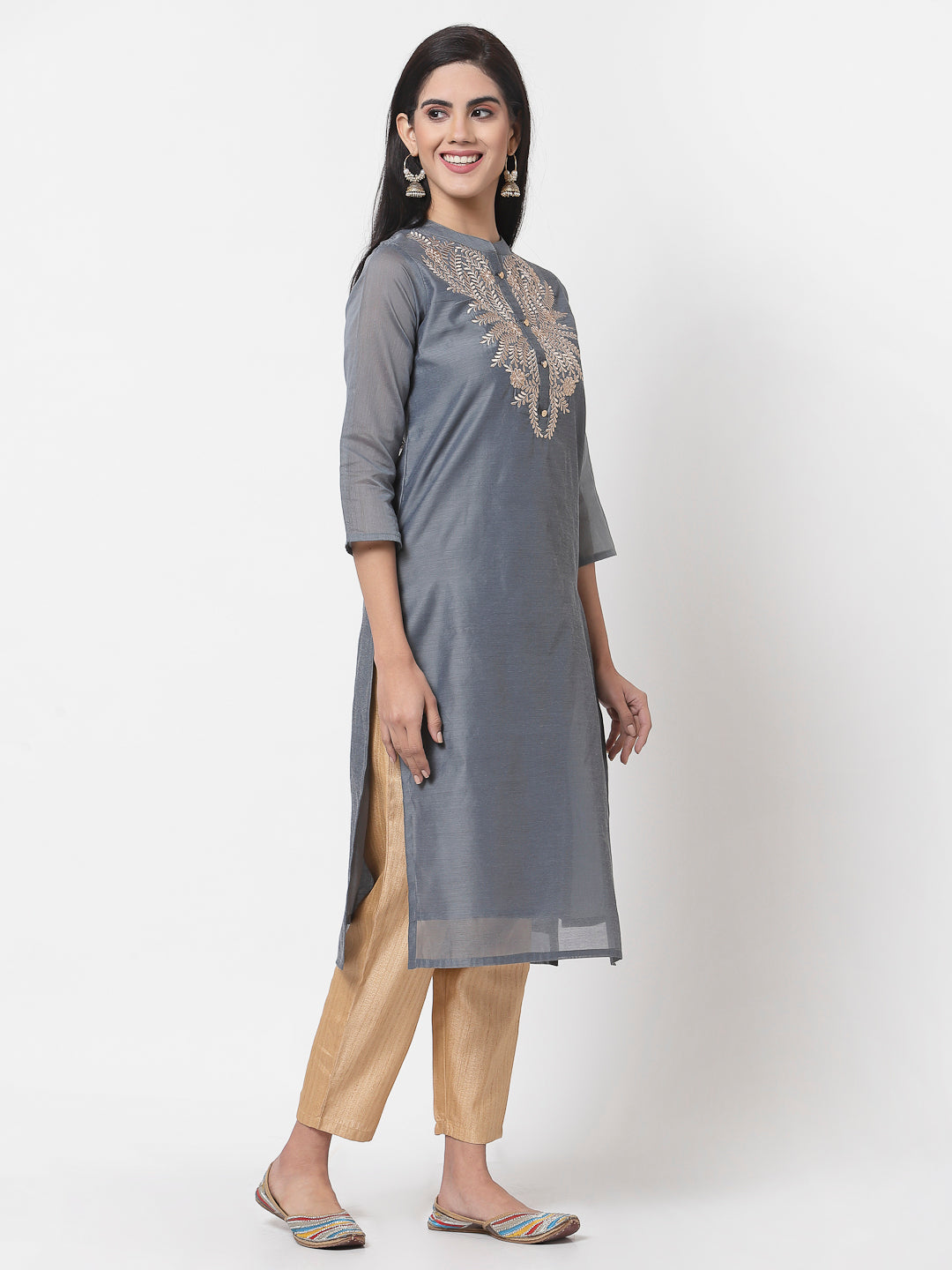 Women Grey Chanderi Kurta by Myshka (