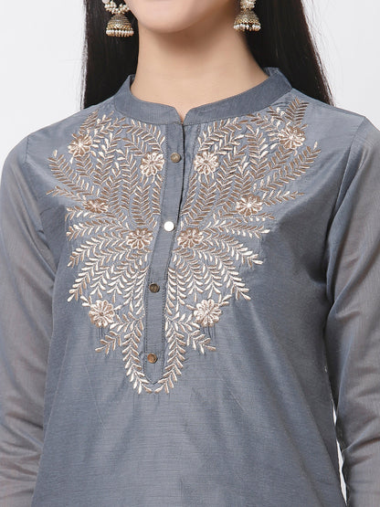 Women Grey Chanderi Kurta by Myshka (