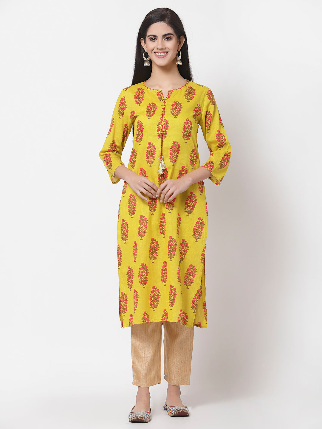 Women Yellow Cotton Printed  Kurta by Myshka (