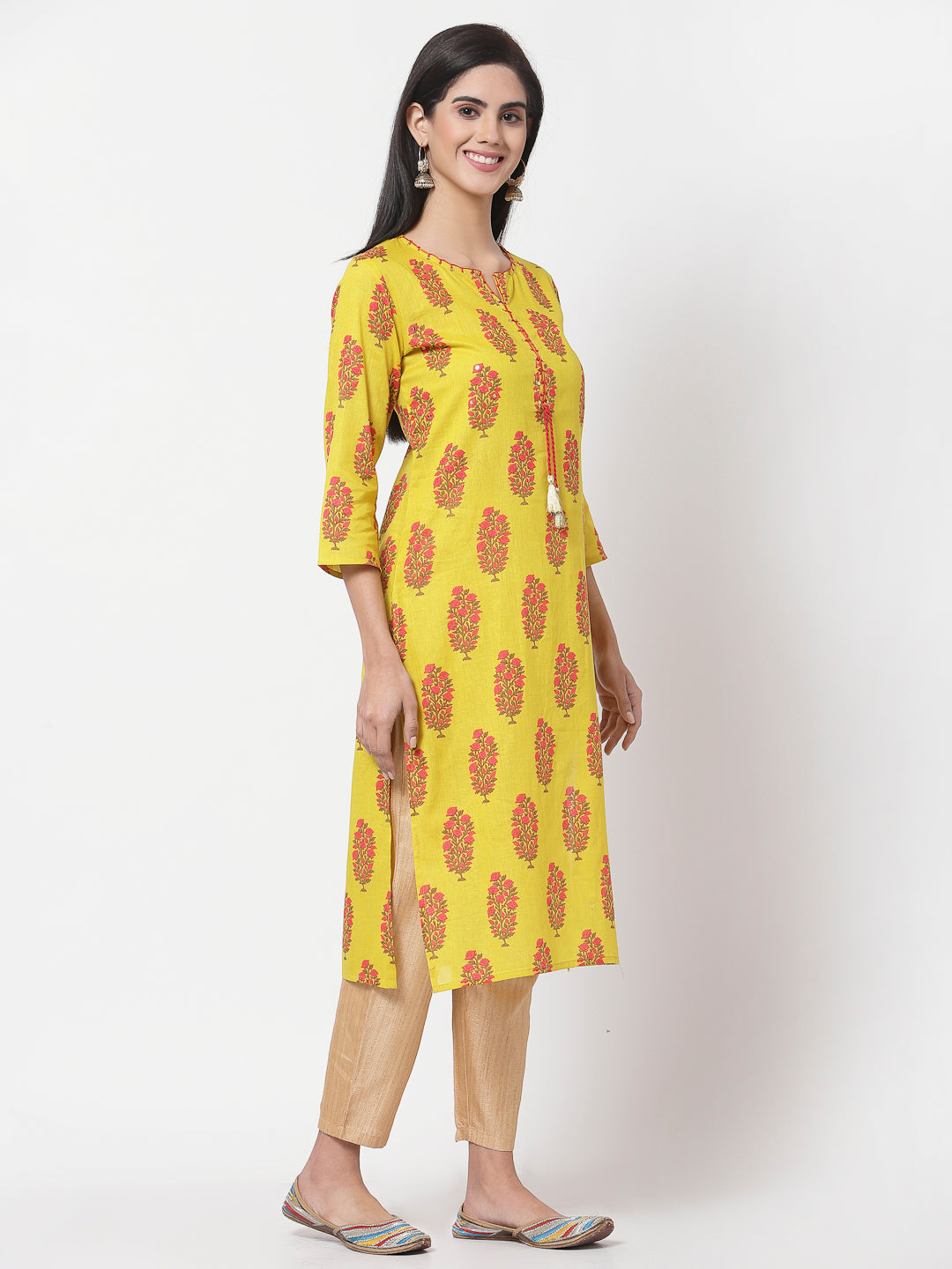 Women Yellow Cotton Printed  Kurta by Myshka (