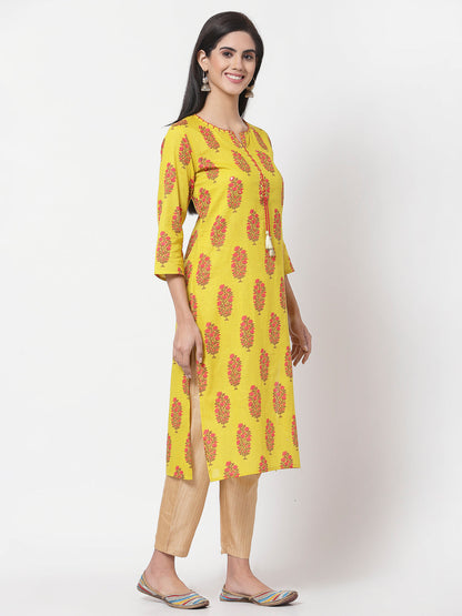 Women Yellow Cotton Printed  Kurta by Myshka (