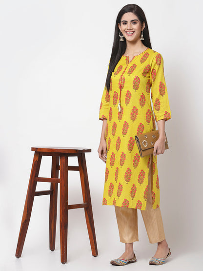 Women Yellow Cotton Printed  Kurta by Myshka (