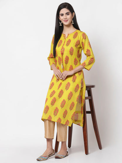 Women Yellow Cotton Printed  Kurta by Myshka (