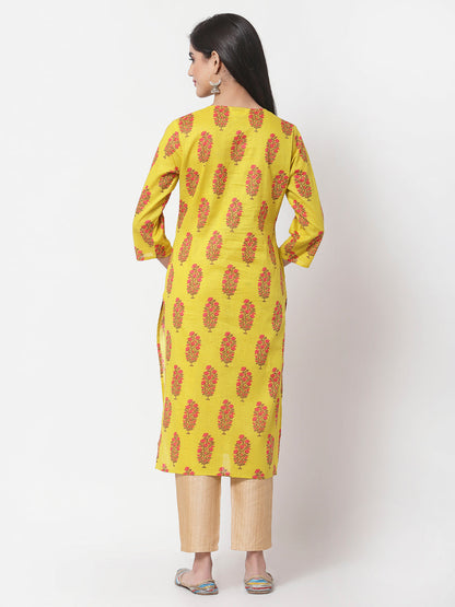 Women Yellow Cotton Printed  Kurta by Myshka (