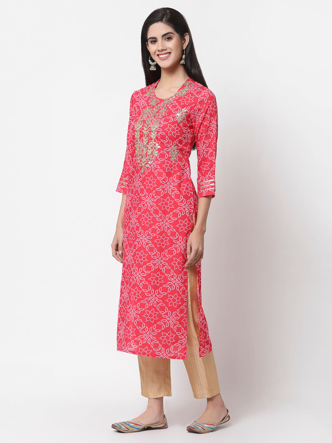 Women Pink Bandhani Print Kurta by Myshka (