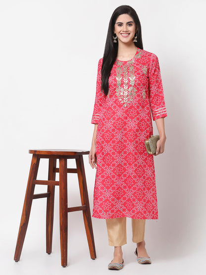 Women Pink Bandhani Print Kurta by Myshka (
