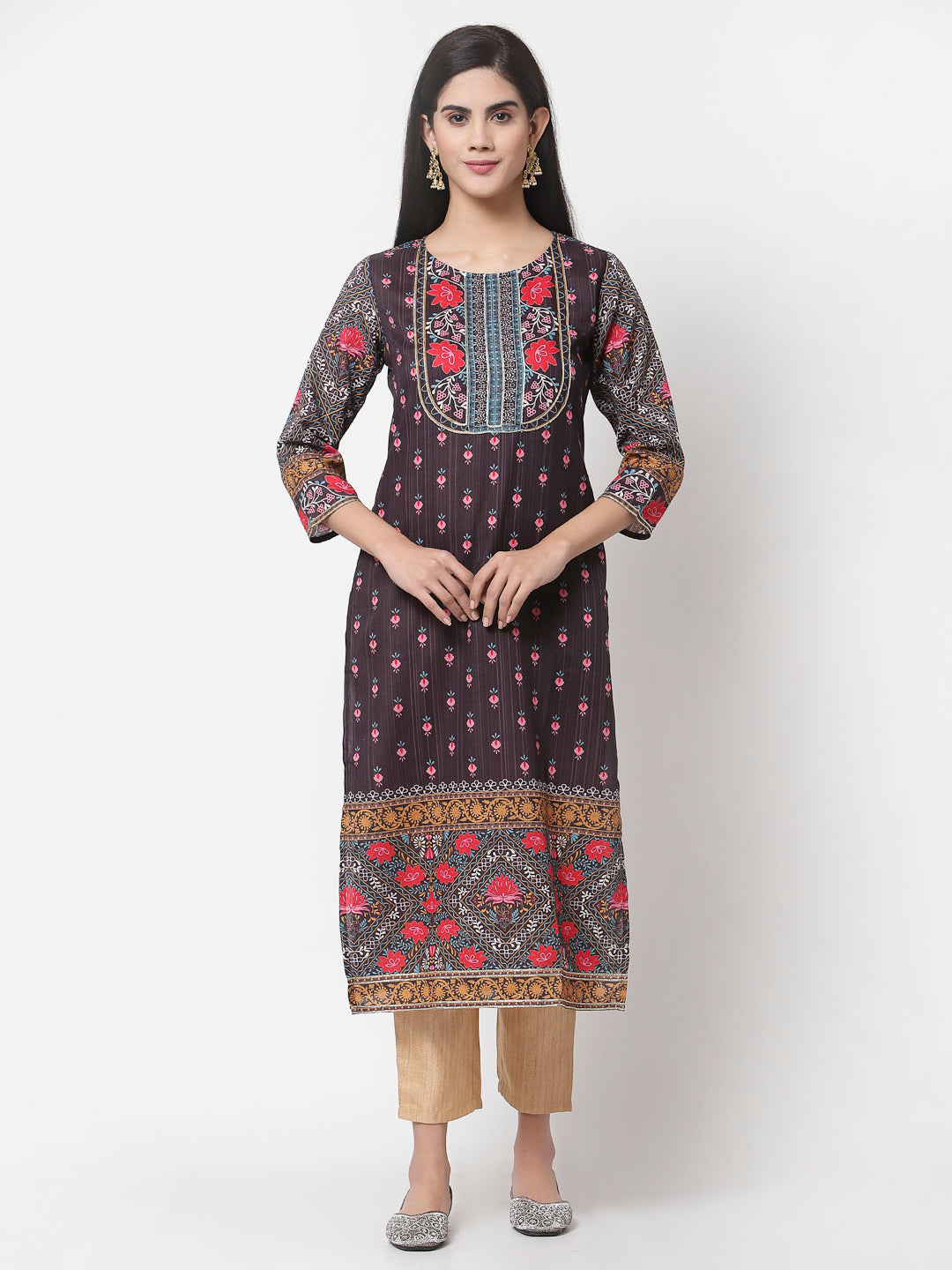 Women Brown Cotton Floral Printed Kurta by Myshka (