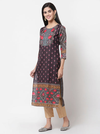 Women Brown Cotton Floral Printed Kurta by Myshka (