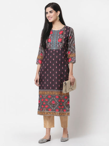 Women Brown Cotton Floral Printed Kurta by Myshka (