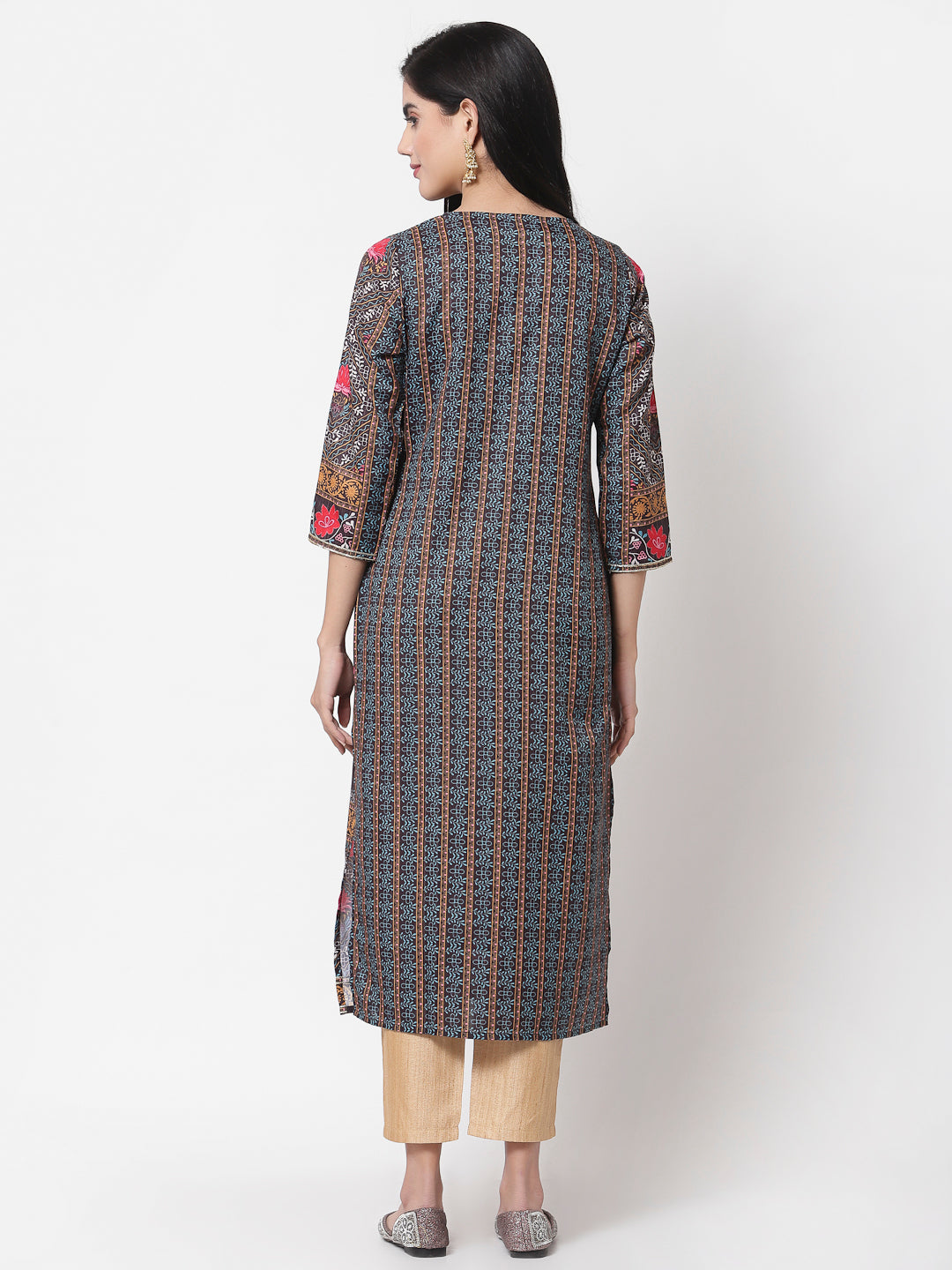 Women Brown Cotton Floral Printed Kurta by Myshka (